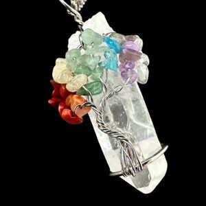 Handmade Tree of Life Quartz Crystal Pendant Necklace Sterling Silver Chain
